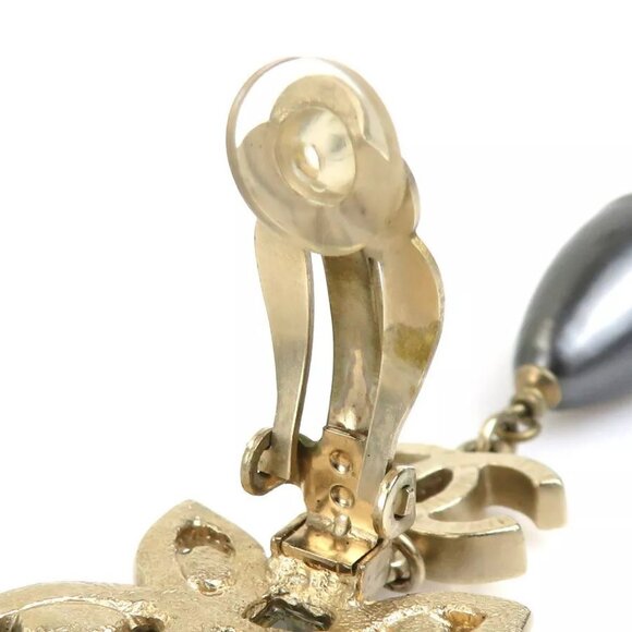 Auth CHANEL CC Logo Clip on Earrings Gold/Dark Gray Metal/Faux Pearl - Picture 11 of 15